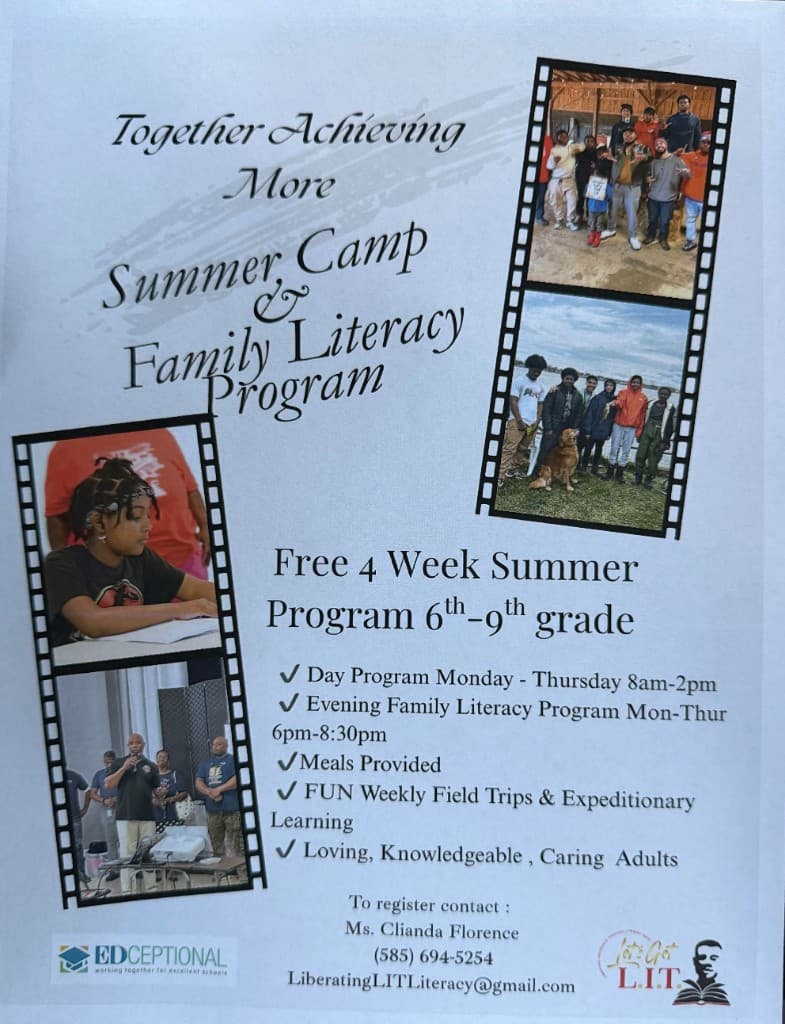 Together Achieving More summer camp and family literacy program flyer for grades 6–9, presented by Let's Get L.I.T. and EDCeptional